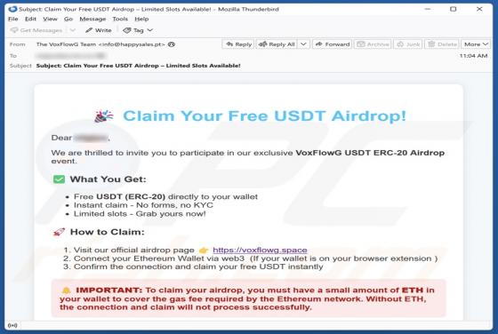 Oplichting via e-mail VoxFlowG USDT Airdrop
