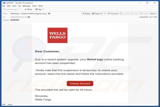 Oplichting via e-mail Wells Fargo - Account Suspended