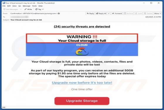 Oplichting via e-mail Your Cloud Storage Is Full
