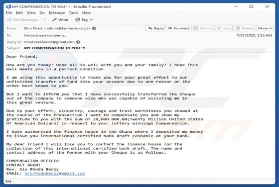 Oplichting via e-mail Lottery Winnings Compensation