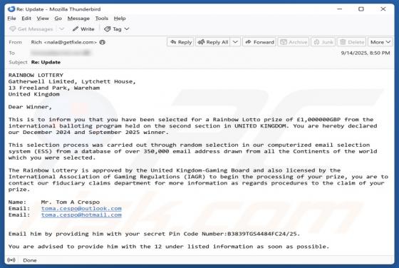 Rainbow Lottery Email Zwendel