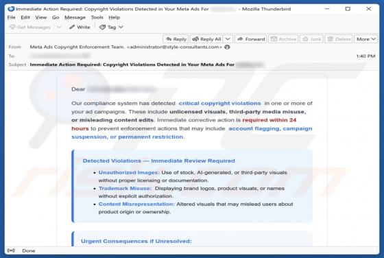 Meta Ads Critical Copyright Violations Email Oplichting