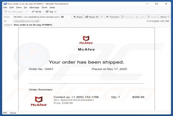McAfee - Your Order Has Been Shipped Email Oplichting