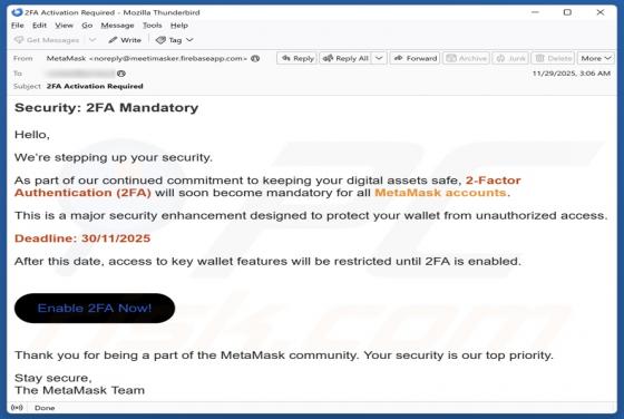 Frauduleuze e-mail MetaMask 2FA Activation