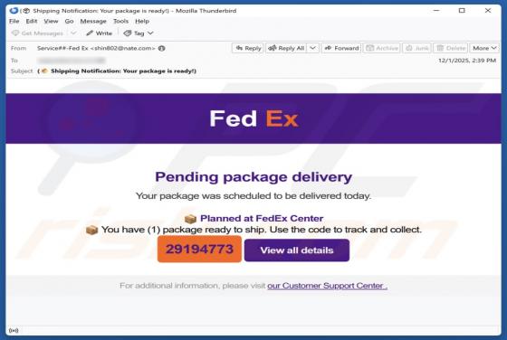 Frauduleuze e-mail FedEx - Pending Package Delivery