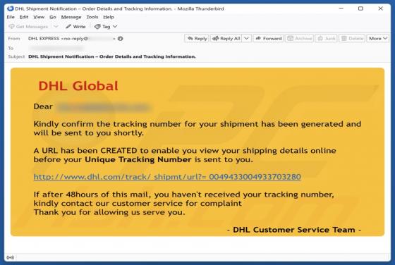 Oplichting per e-mail DHL Global - Shipment Tracking Number
