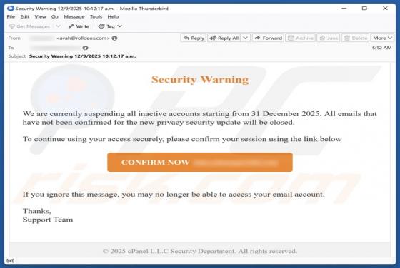 Oplichting per e-mail Security Warning