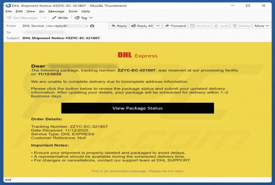 Oplichting per e-mail "DHL Express - Incomplete Address Information"