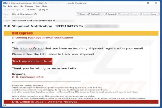 Oplichting per e-mail "DHL Express - Incoming Package Arrival Notification"