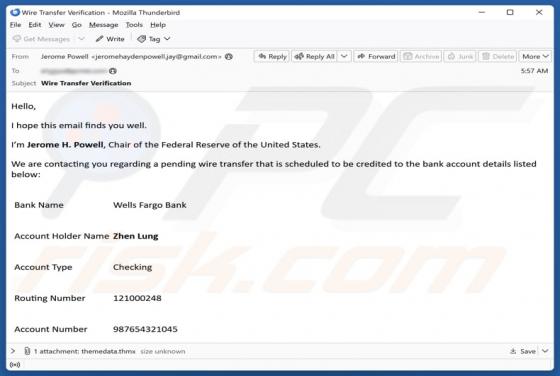 Oplichting per e-mail "Wells Fargo - Pending Wire Transfer"