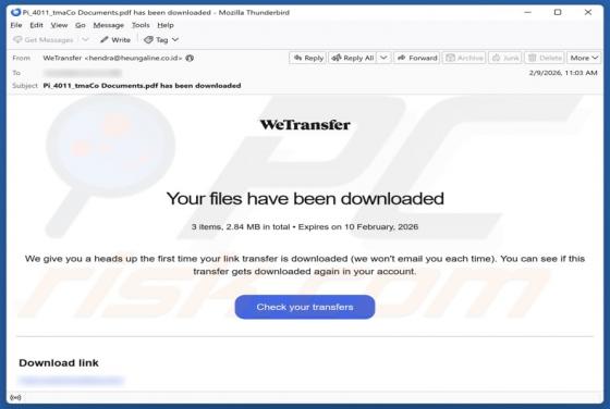 Oplichting per e-mail "WeTransfer - Your Files Have Been Downloaded"