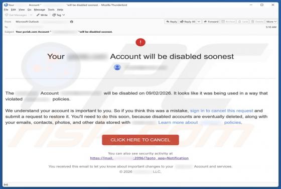 Oplichting per e-mail "Your Account Will Be Disabled"