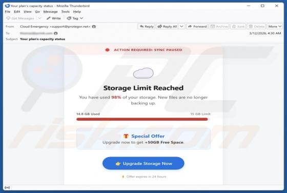 Oplichting per e-mail "Storage Limit Reached"
