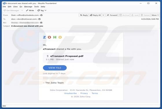 Oplichting per e-mail "Zoho - File Shared With You"