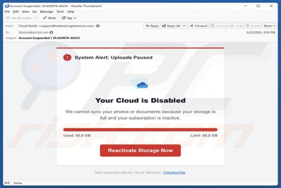 Oplichting per e-mail "Your Cloud Is Disabled"