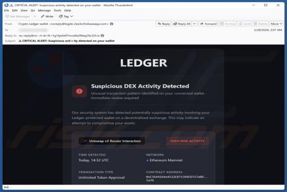 Oplichting per e-mail "Ledger - Suspicious DEX Activity Detected"