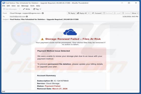 Oplichting per e-mail "Cloud Storage Renewal Failed"