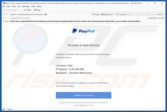 PayPal - Access From A New Device e-mailfraude