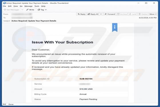 Wix Subscription Renewal e-mailfraude