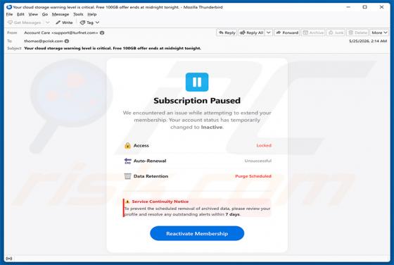 Cloud Subscription Paused e-mailfraude