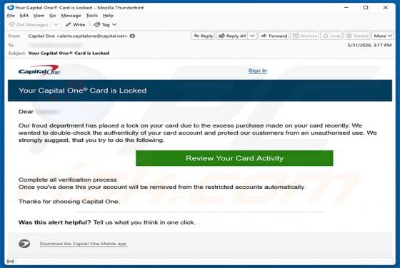 Capital One Card Is Locked e-mailfraude