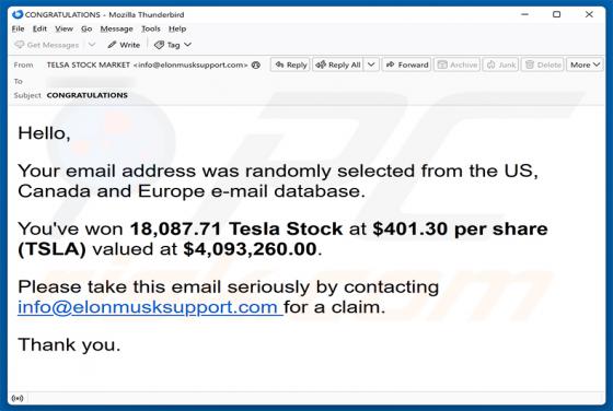 You've Won Tesla Stock e-mailfraude