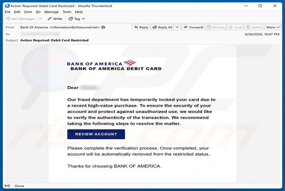Bank Of America Card Locked e-mailfraude