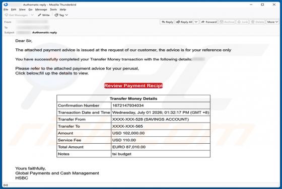 HSBC Money Transfer Completed e-mailfraude