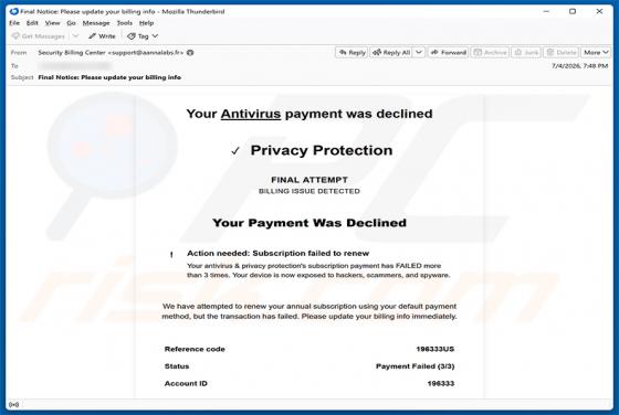 Your Antivirus Payment Was Declined e-mailfraude