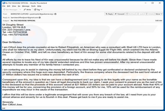 Assistance In Claiming The Money e-mailfraude