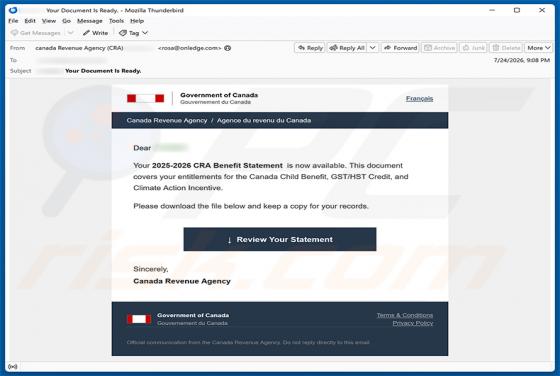 Canada Revenue Agency (CRA) Benefit Statement e-mailfraude