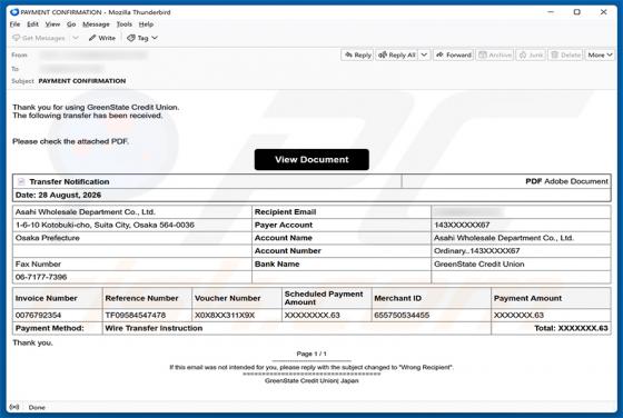 GreenState Credit Union Transfer Received e-mailfraude
