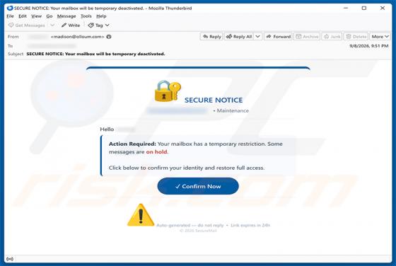 Secure Notice - Mailbox Has A temporary Restriction e-mailfraude
