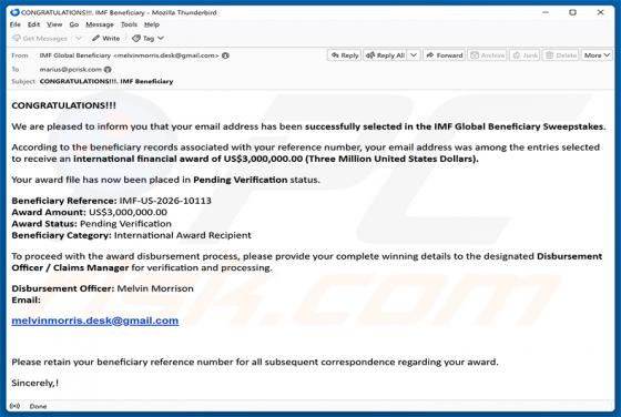 IMF Global Beneficiary Sweepstakes e-mailfraude