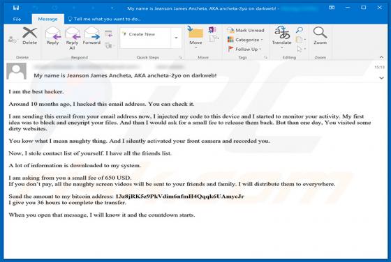 Jeanson J. Ancheta afpersingsmail oplichting