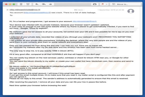 'Your Device Was Infected With My Private Malware' oplichtingsmail