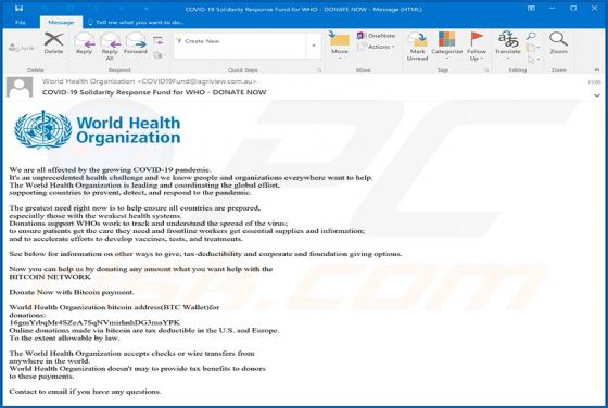 World Health Organization (WHO) oplichtingsmail virus